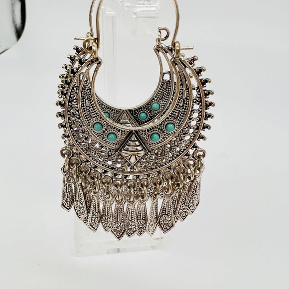 Southwest Style Hoop Earrings silver Tone Faux Turquoise - Picture 2 of 6